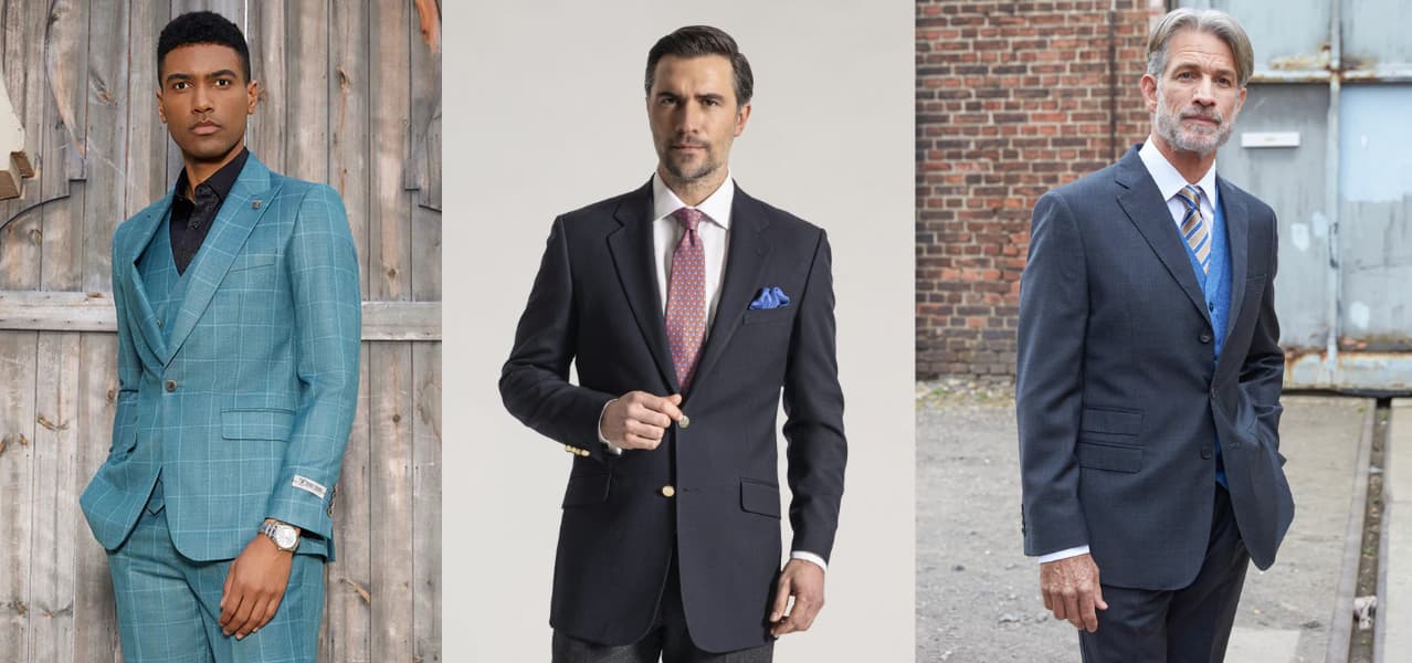 One, two, three-button suit from left to right