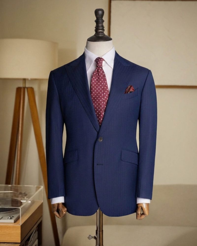 Navy Herringbone Wool Tailored Business Suit